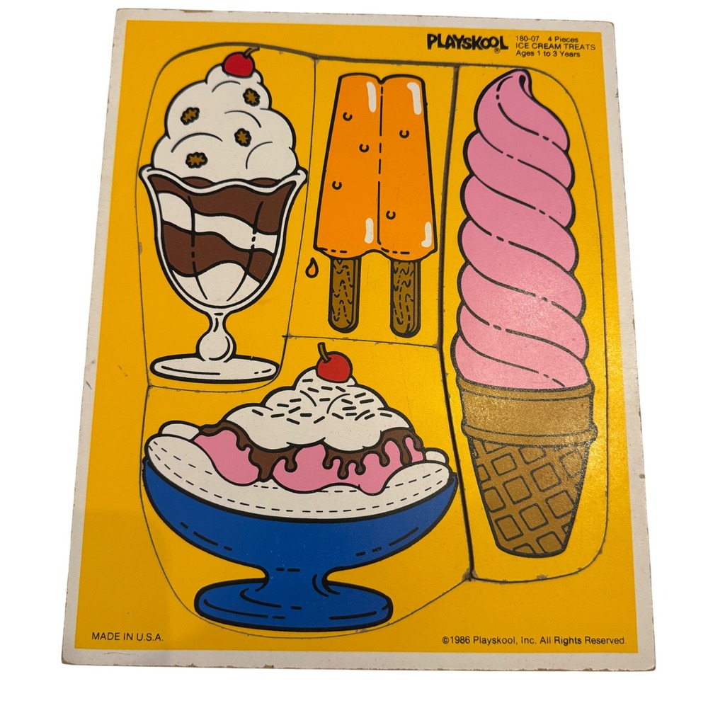 Playskool 190-07 Ice Cream Treats Wooden Puzzle 4 Pieces Ages 1-3 Years USA 1986